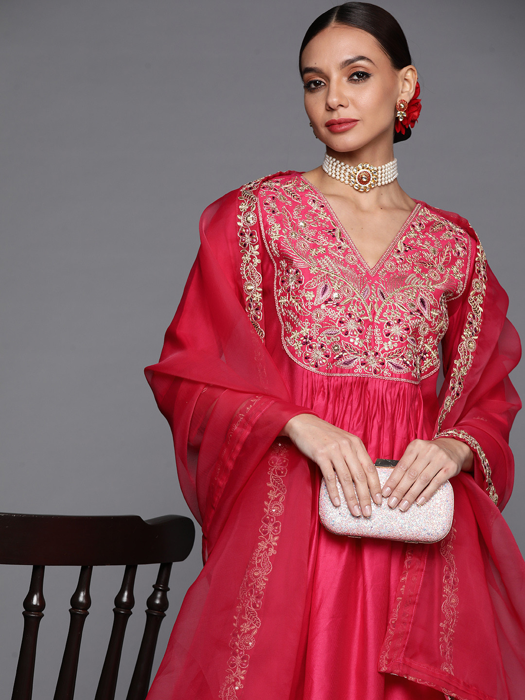 Indo Era Women Pink & Gold Yoke Embroidered Sequinned A-Line Kurta Palazzos Dupatta