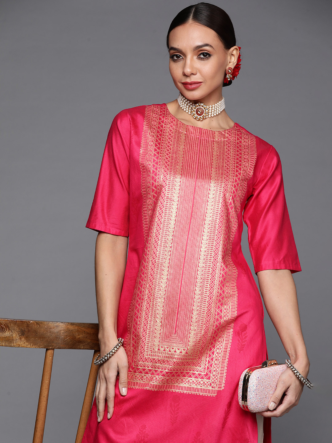 Indo Era Women Pink & Gold Ethnic Motifs Foil Print Yoke Design Straight Liva Kurta