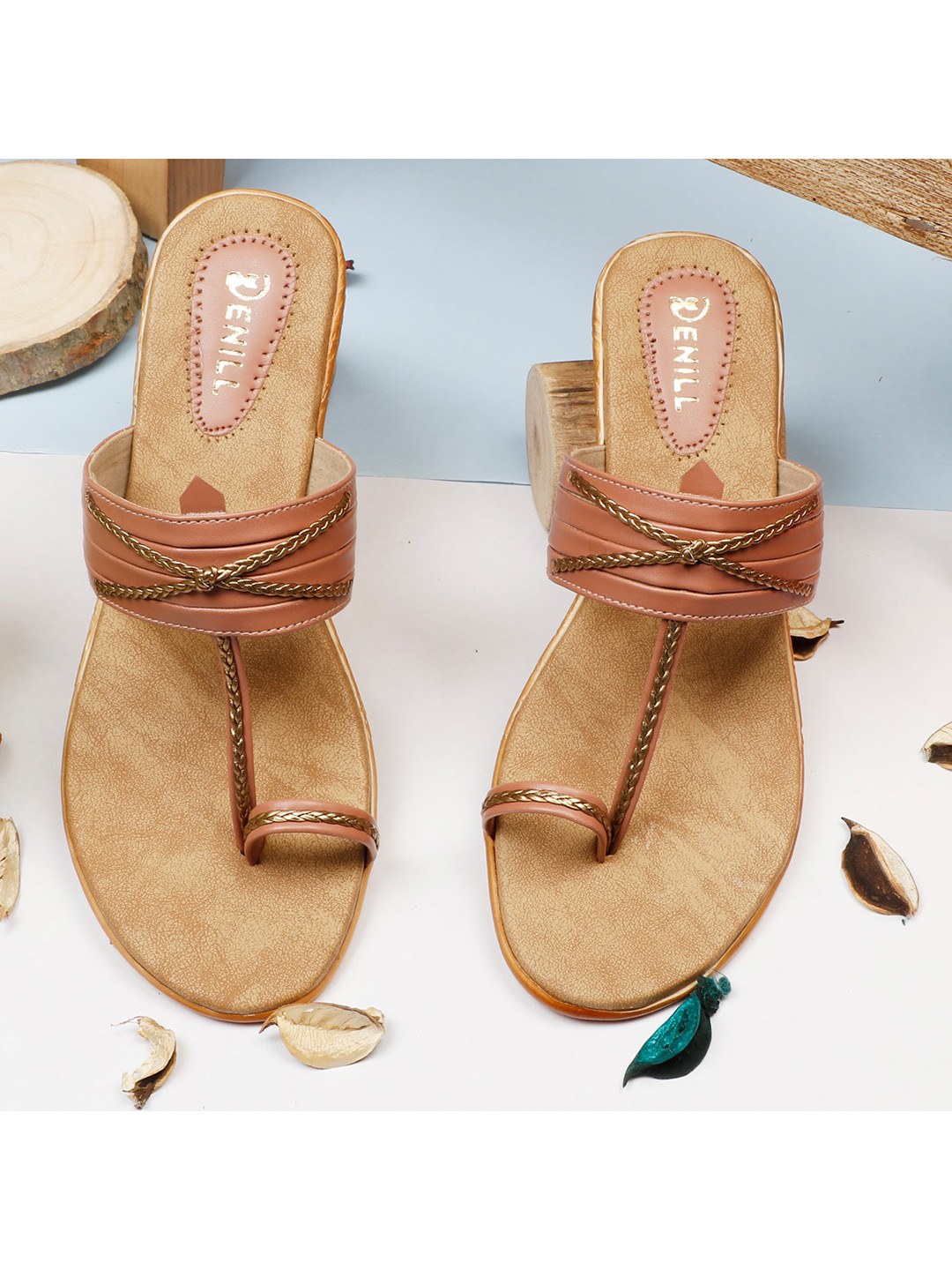 Denill Peach-Coloured & Rose Gold-Toned Braided Woven Design One-Toe Wedges