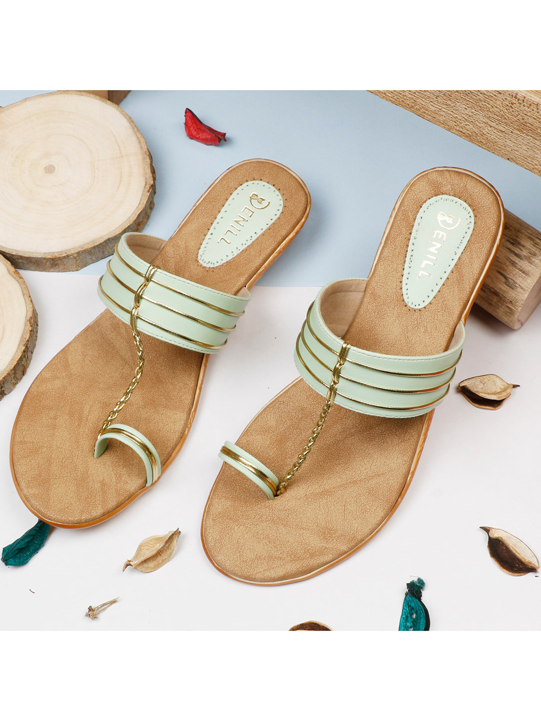 Denill Mint Green & Gold-Toned Braided Woven Design One-Toe Wedges