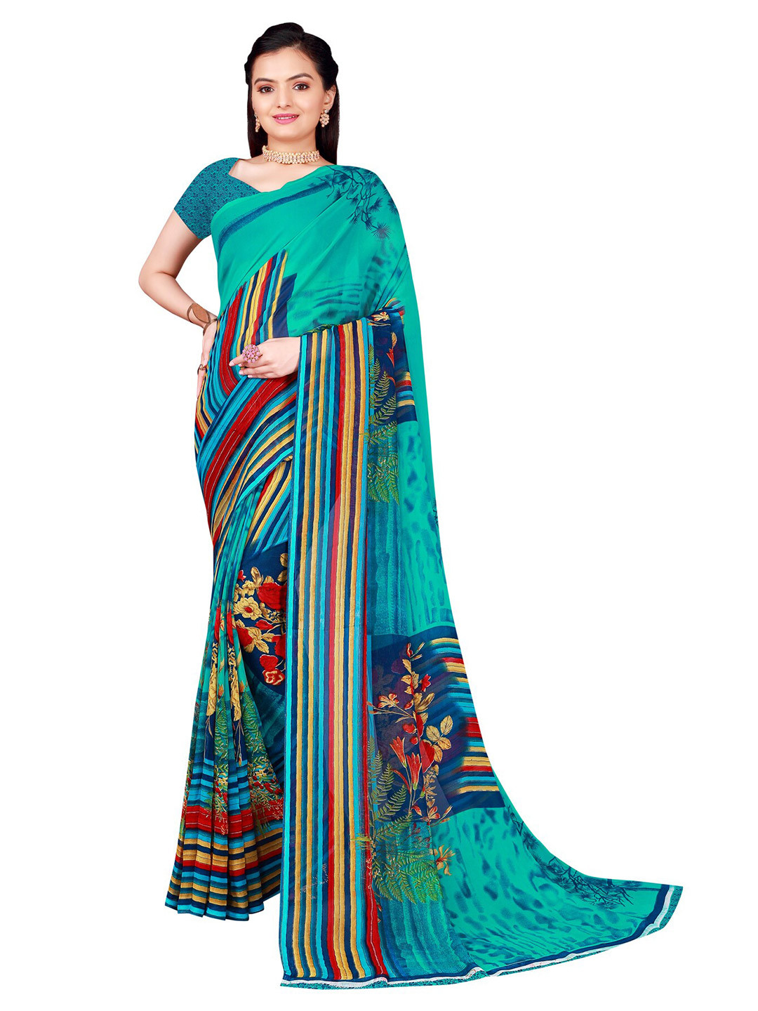 Florence Teal & Red Floral Pure Georgette Saree