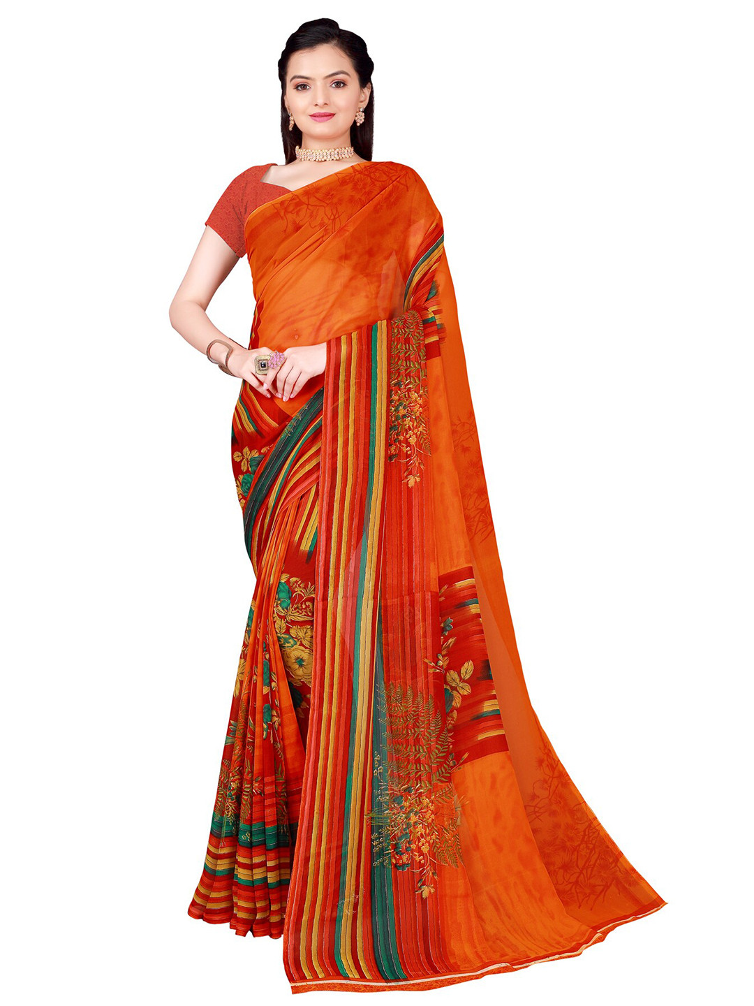 Florence Orange & Red Floral Pure Georgette Saree