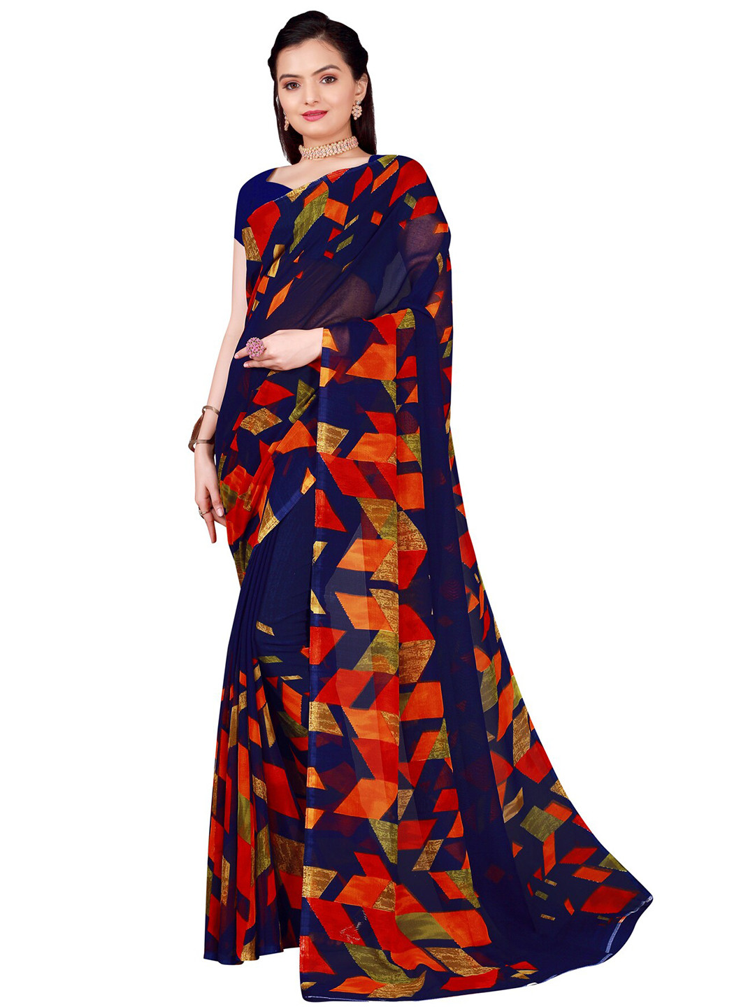 Florence Navy Blue & Red Printed Pure Georgette Saree