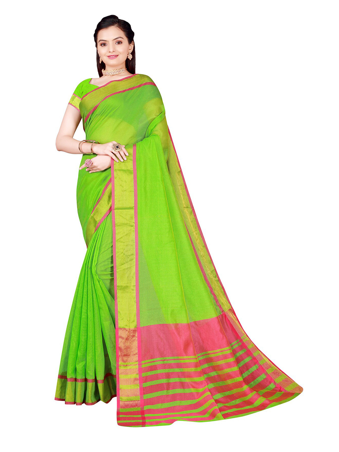 Florence Lime Green & Pink Cotton Silk Striped Printed Zari Saree