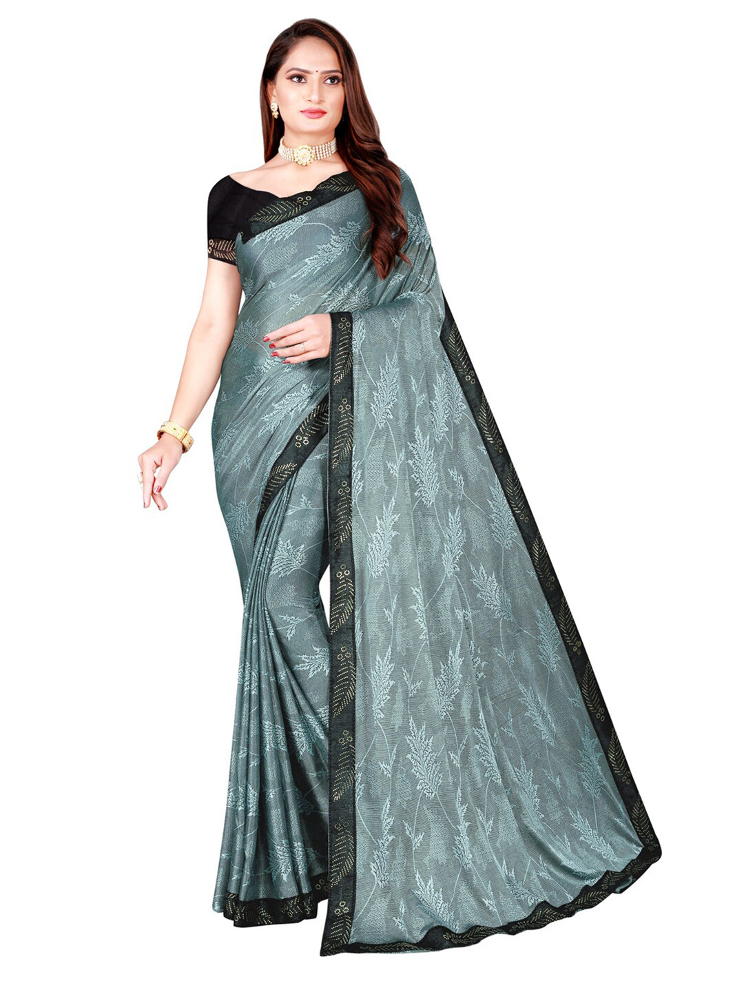 Florence Grey & Black Floral Art Silk Saree