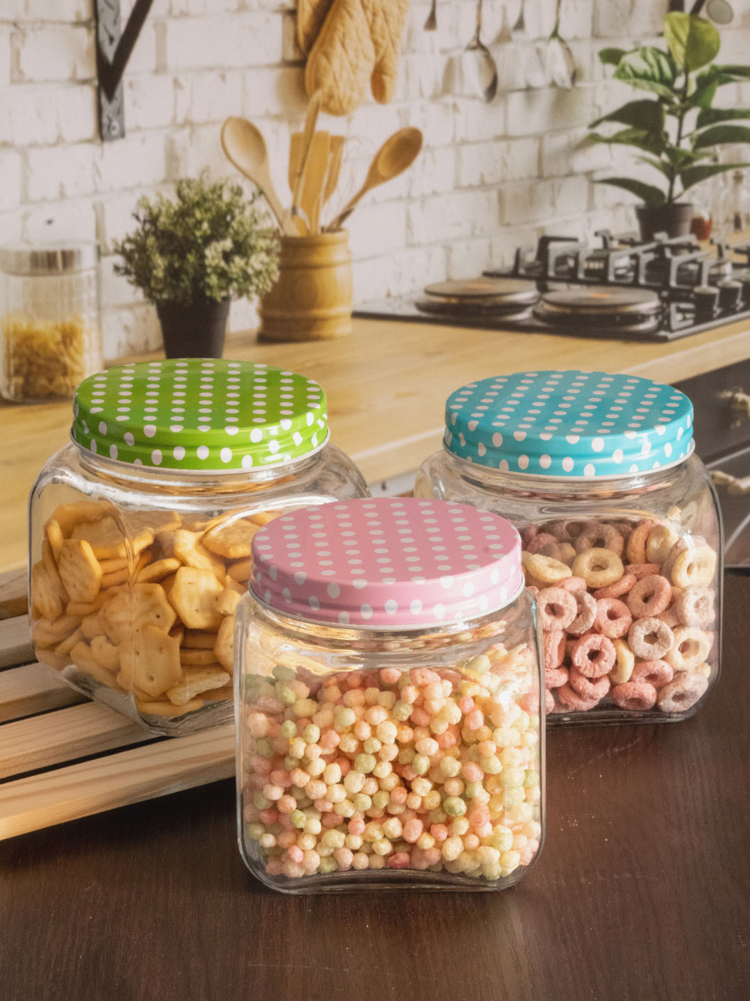 GOODHOMES Set Of 2 Transparent Polka Dot Printed Glass Kitchen Storage