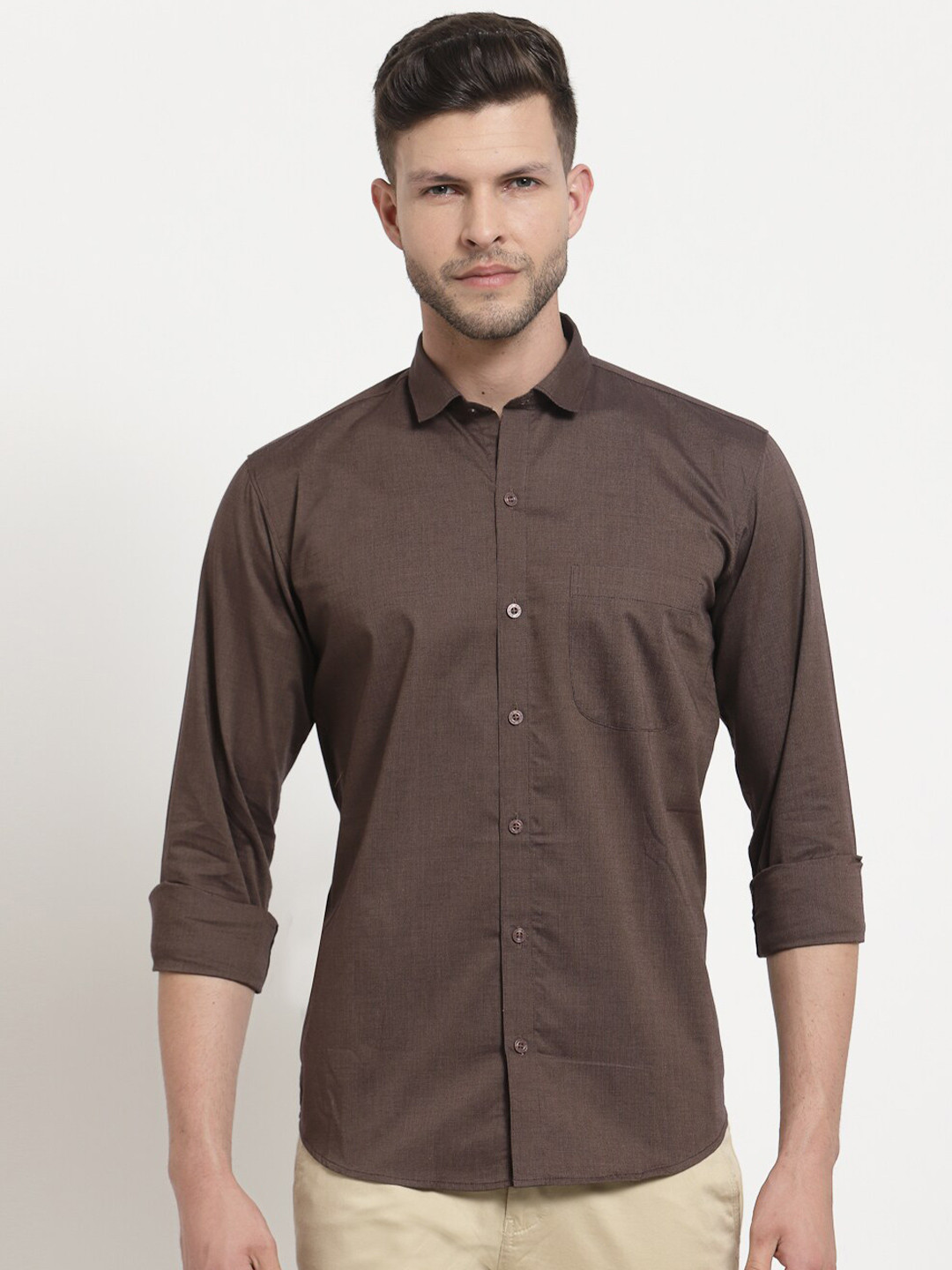 Emerals Men Coffee Brown Solid Oxford Weave Standard Cotton Shirt