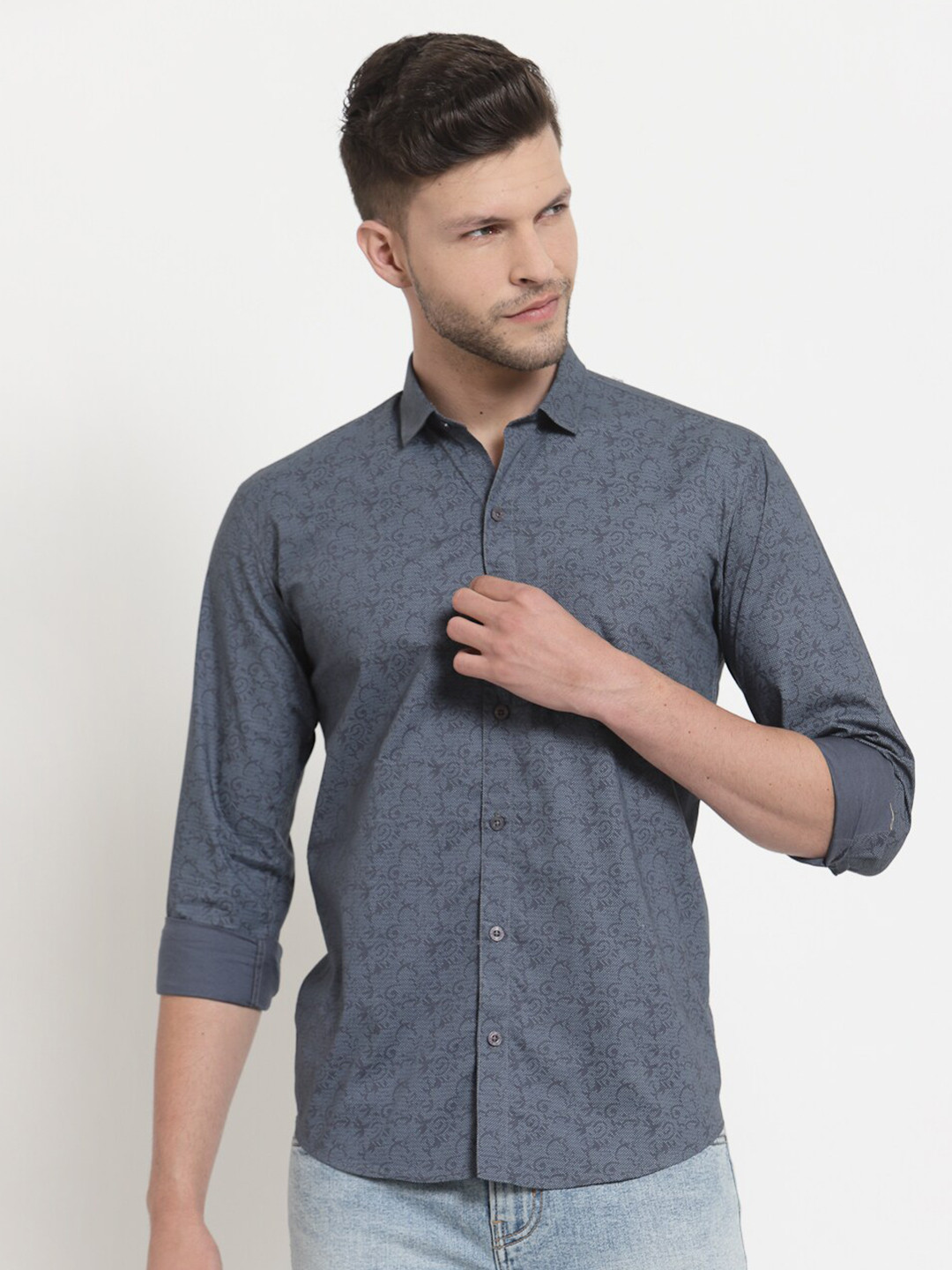 Emerals Men Charcoal Standard Printed Casual Shirt