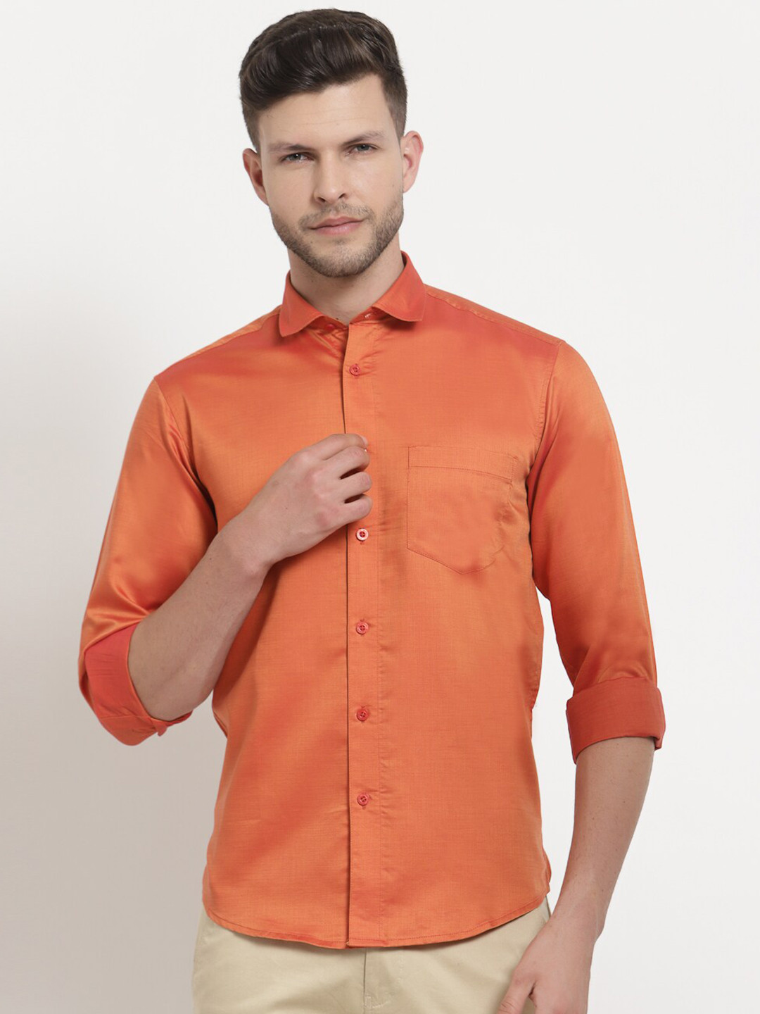 Emerals Men Orange Standard Solid Casual Shirt
