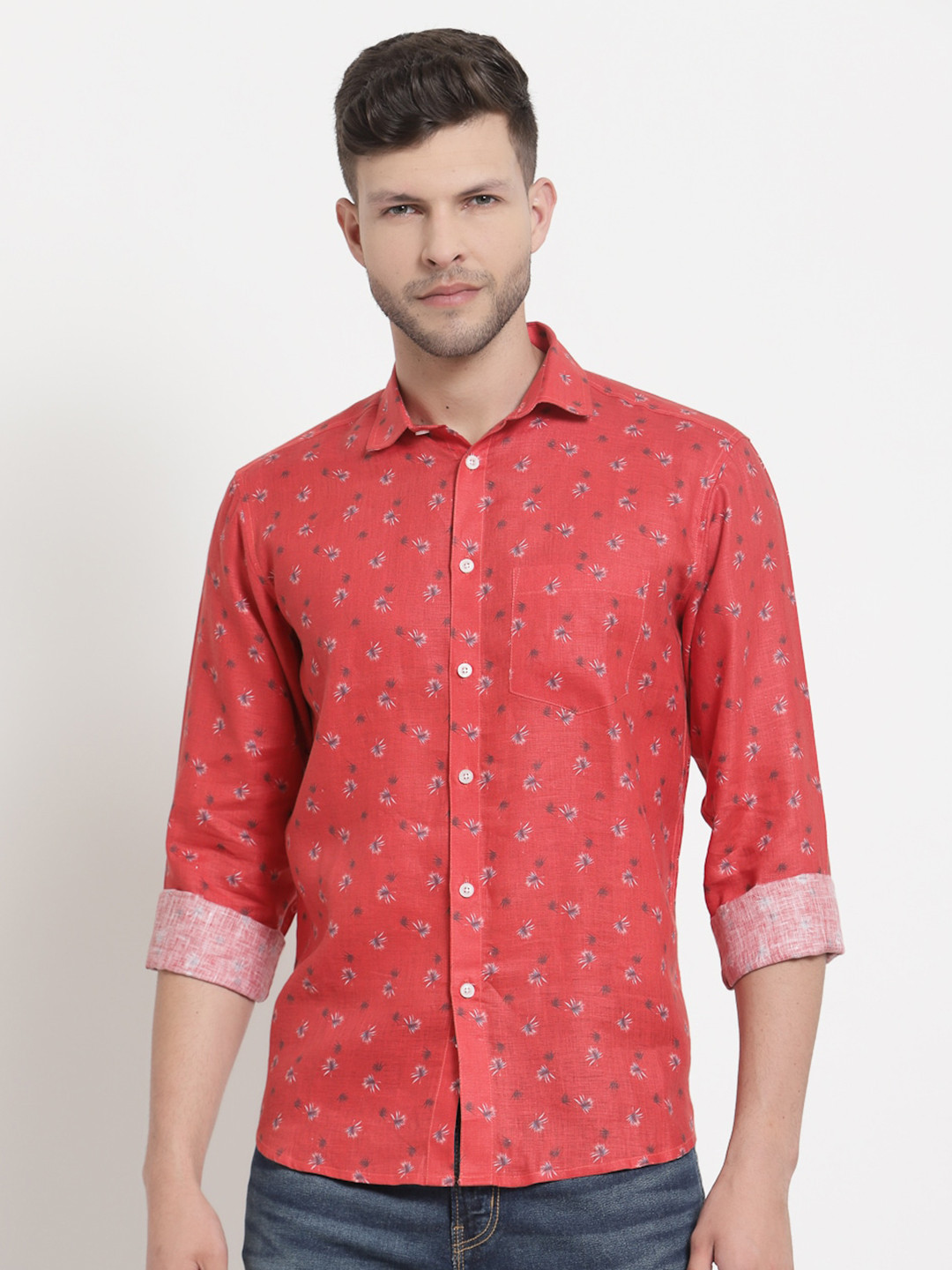 Emerals Men Coral Red & Grey Standard Floral Printed Casual Shirt