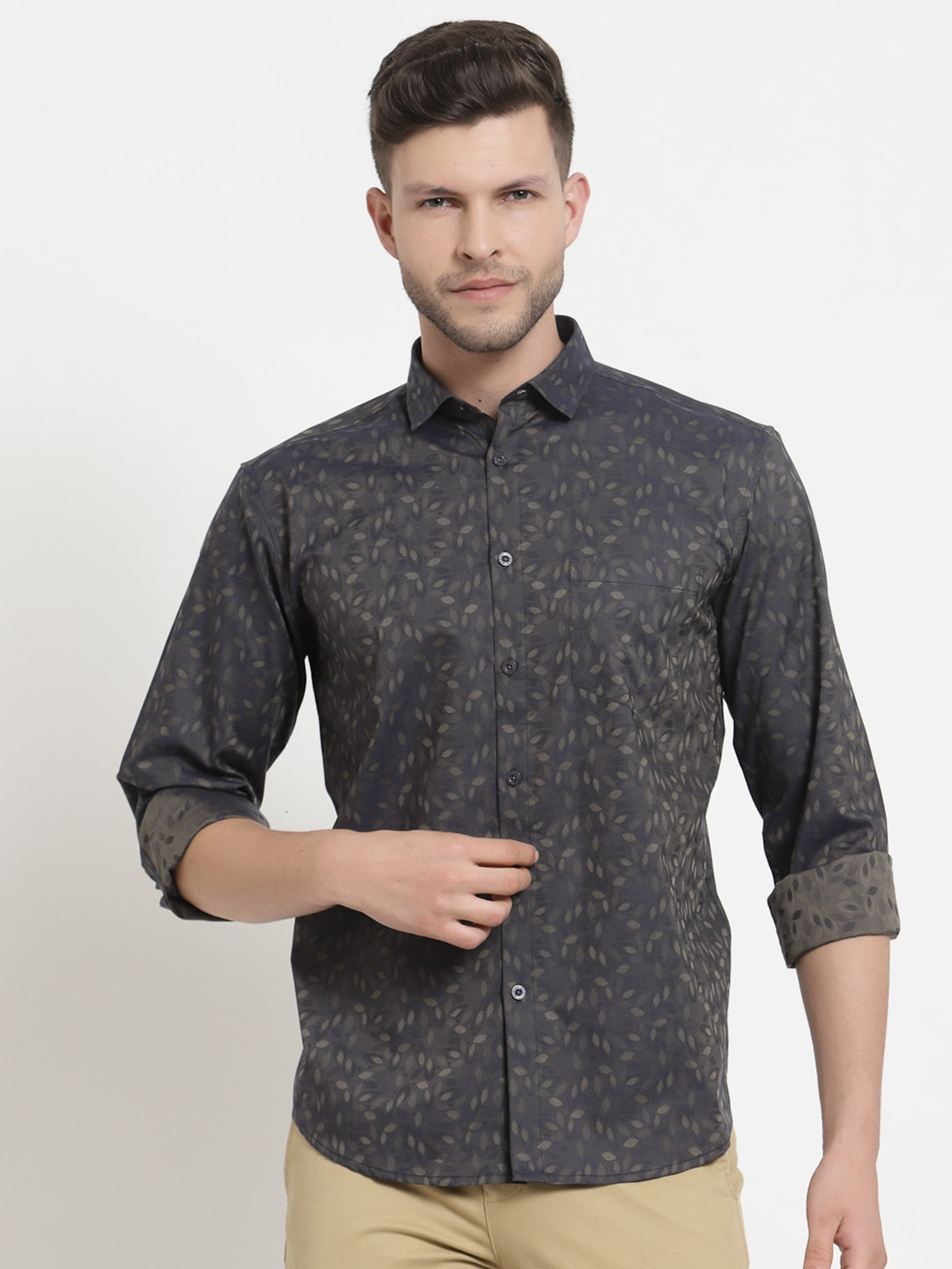 Emerals Men Charcoal Grey & Beige Standard Floral Printed Organic Cotton Casual Shirt