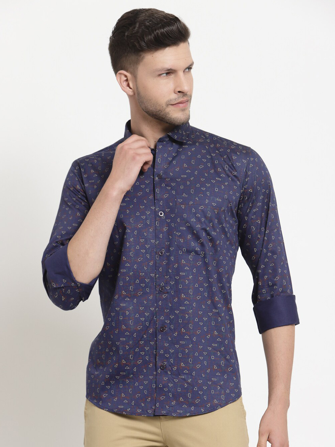 Emerals Men Navy Blue & Yellow Pure Cotton Standard Geometric Print Casual Shirt