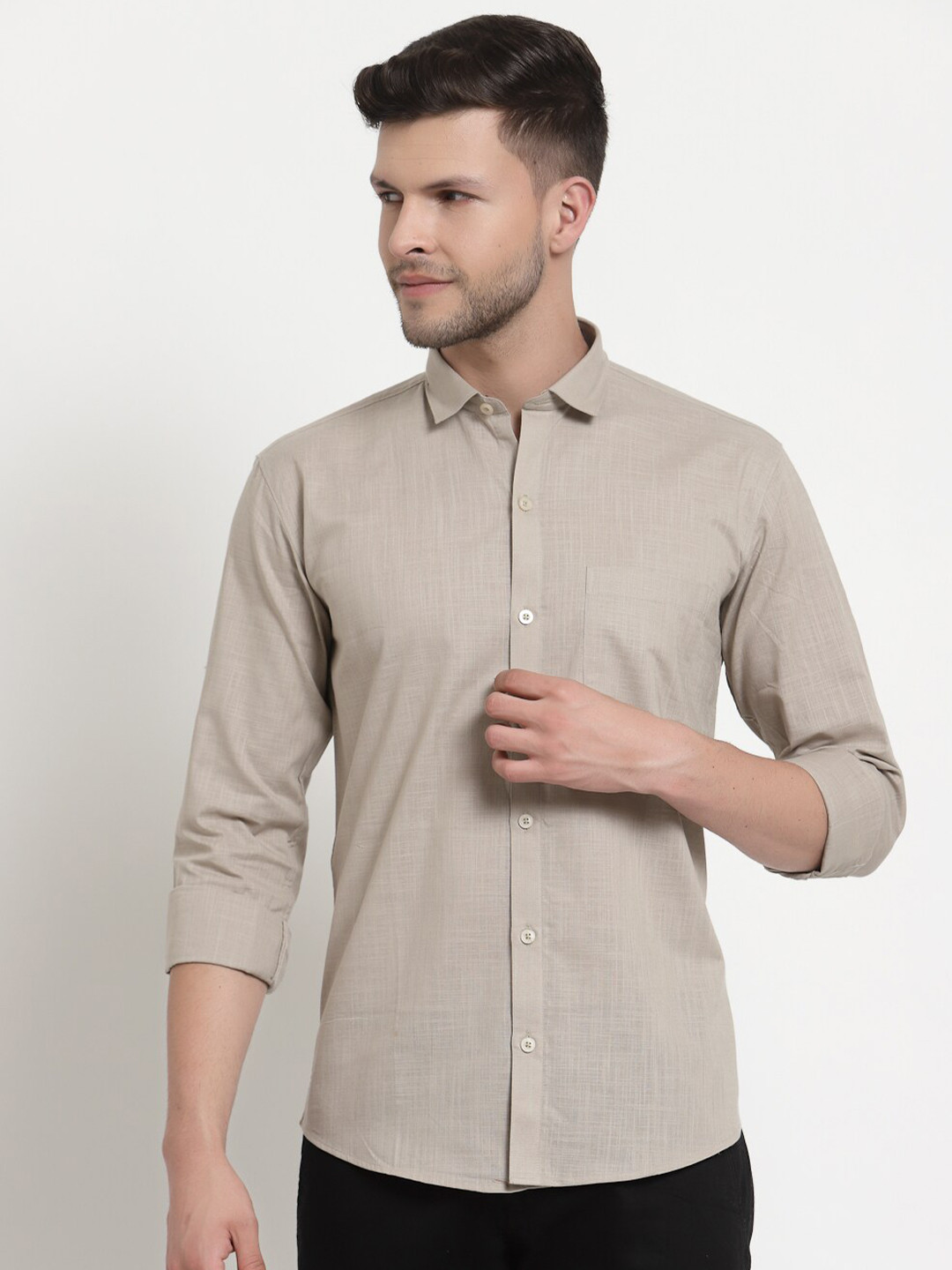 Emerals Men Beige Self Design Standard Cotton Casual Shirt