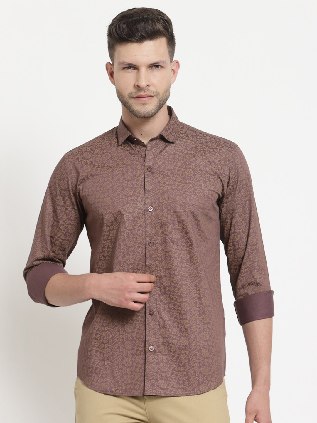 Emerals Men Copper-Toned & Beige Cotton Micro Ditsy Floral Print Standard  Casual Shirt