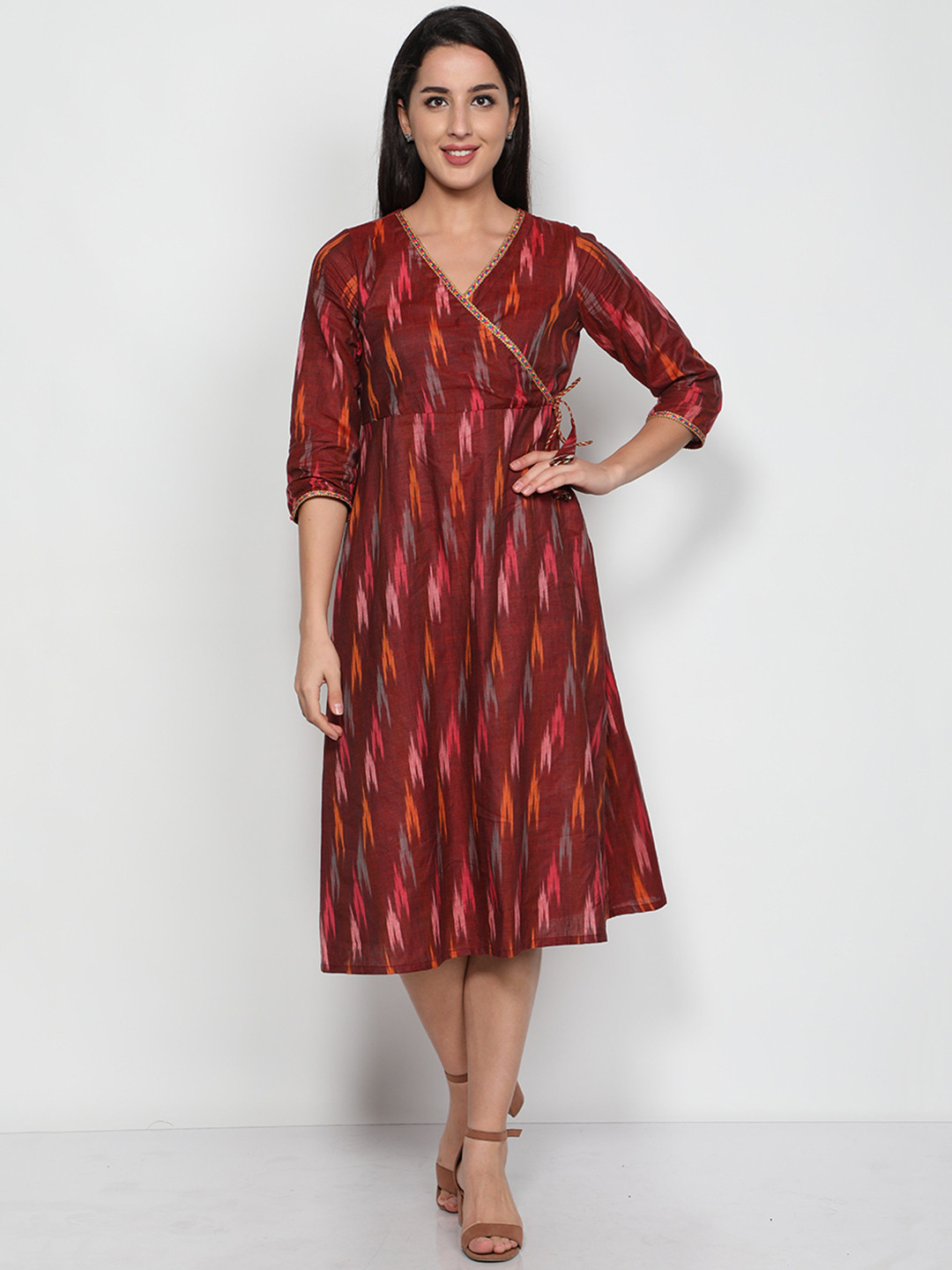 Cot'N Soft Maroon & Orange Ethnic Motifs Midi Ethnic Dress