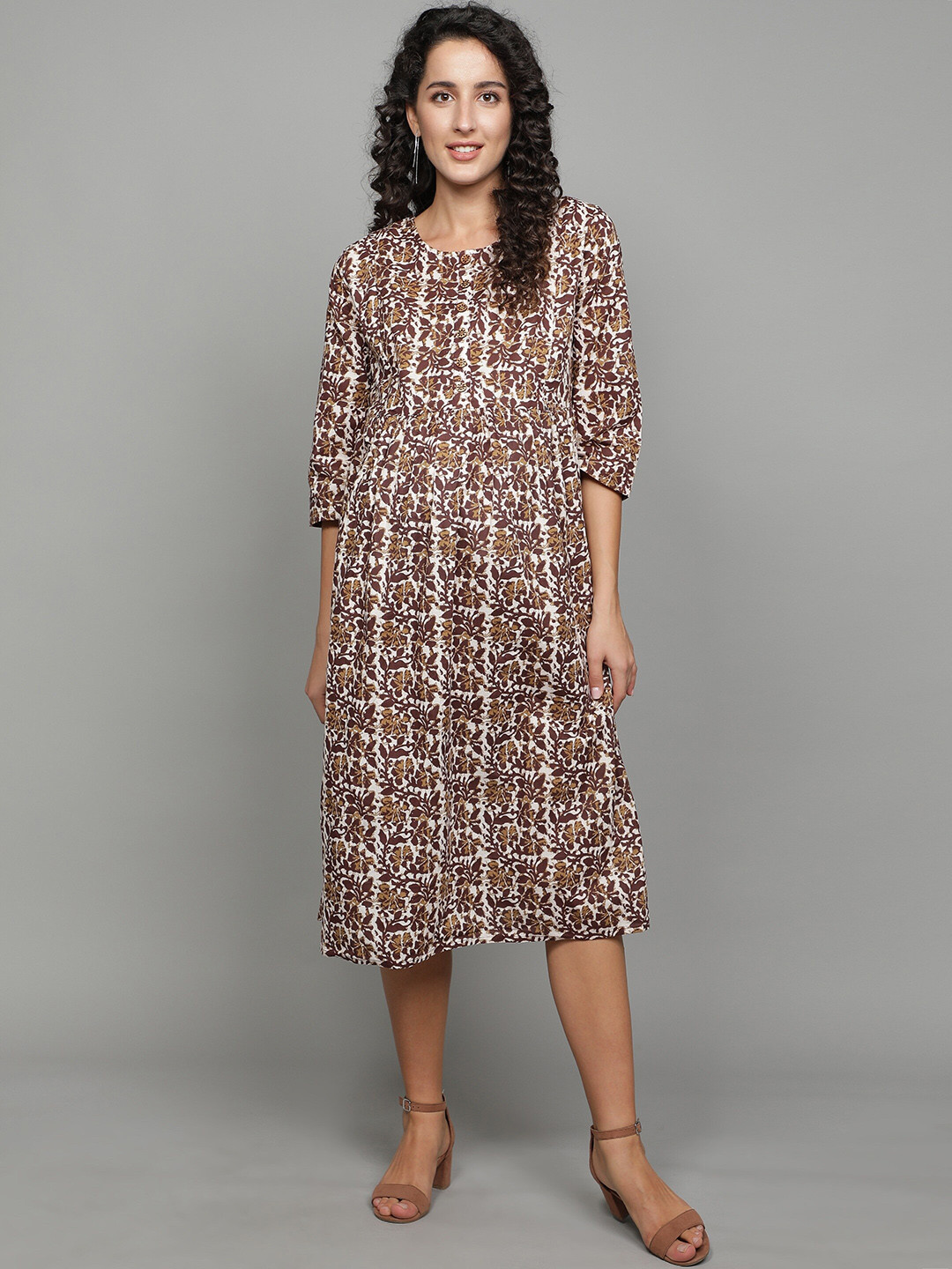 Cot'N Soft Women White & Brown Ethnic Motifs Handblock Maternity A-Line Midi Dress