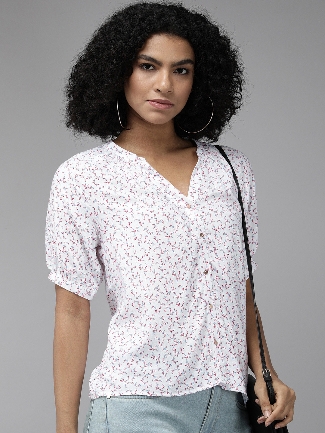 Van Heusen Women White & Pink Floral Printed Extended Sleeves Shirt Style Top