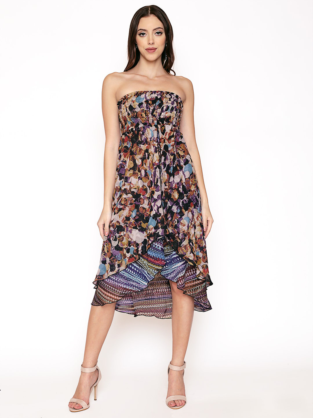 250 DESIGNS Off White & Brown Printed Midi Dress