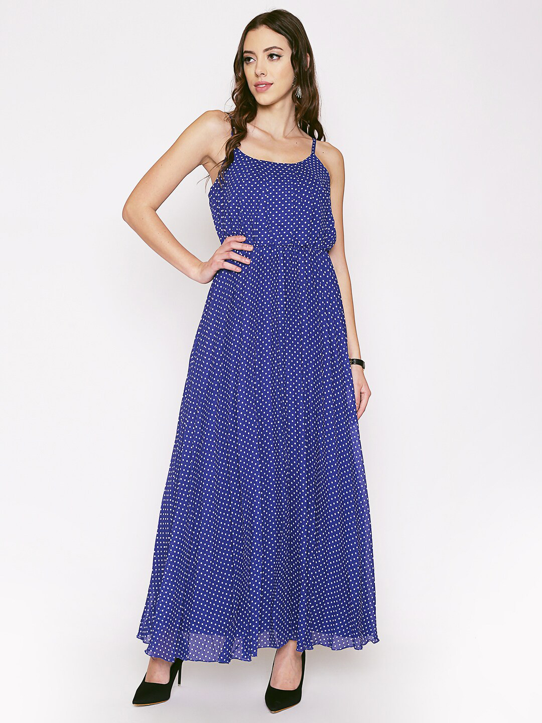 250 DESIGNS Blue & White Strappy Georgette Maxi Dress