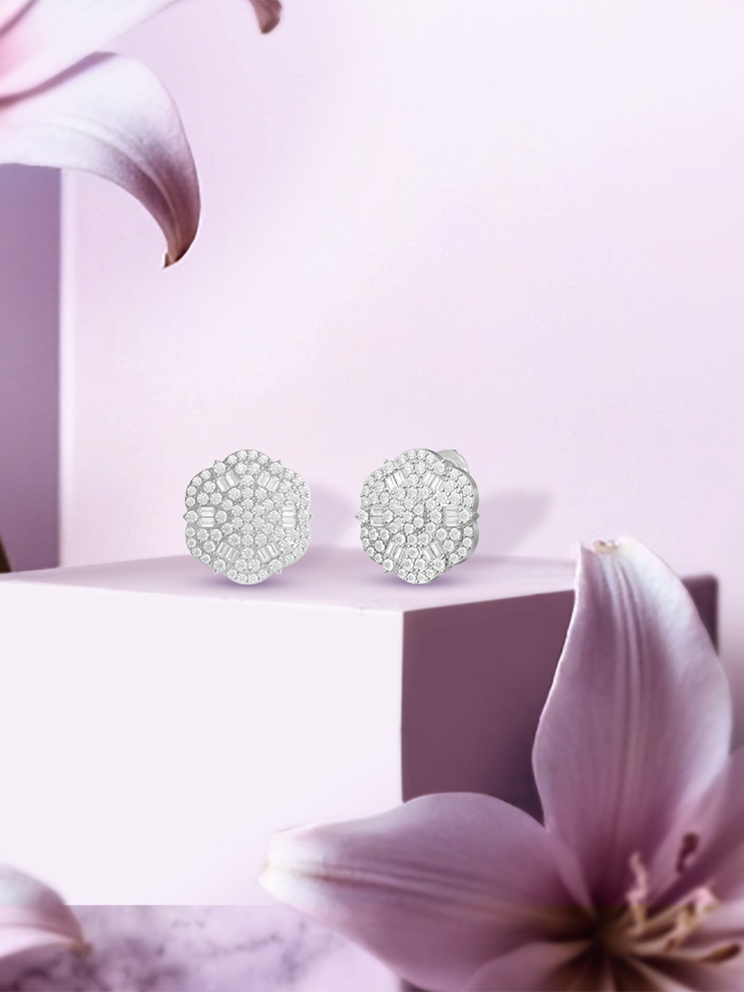 ANAYRA Sterling Silver & White American Diamond Circular Studs Earrings