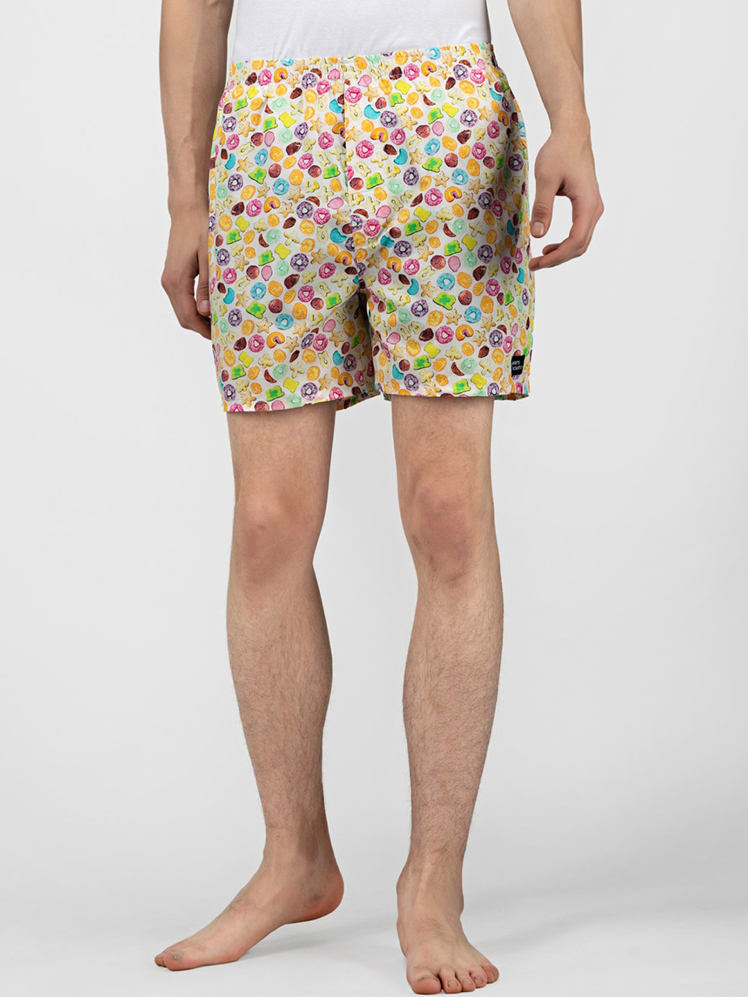 wHAT'S DOwn Men White & Yellow Printed Pure Cotton Boxer