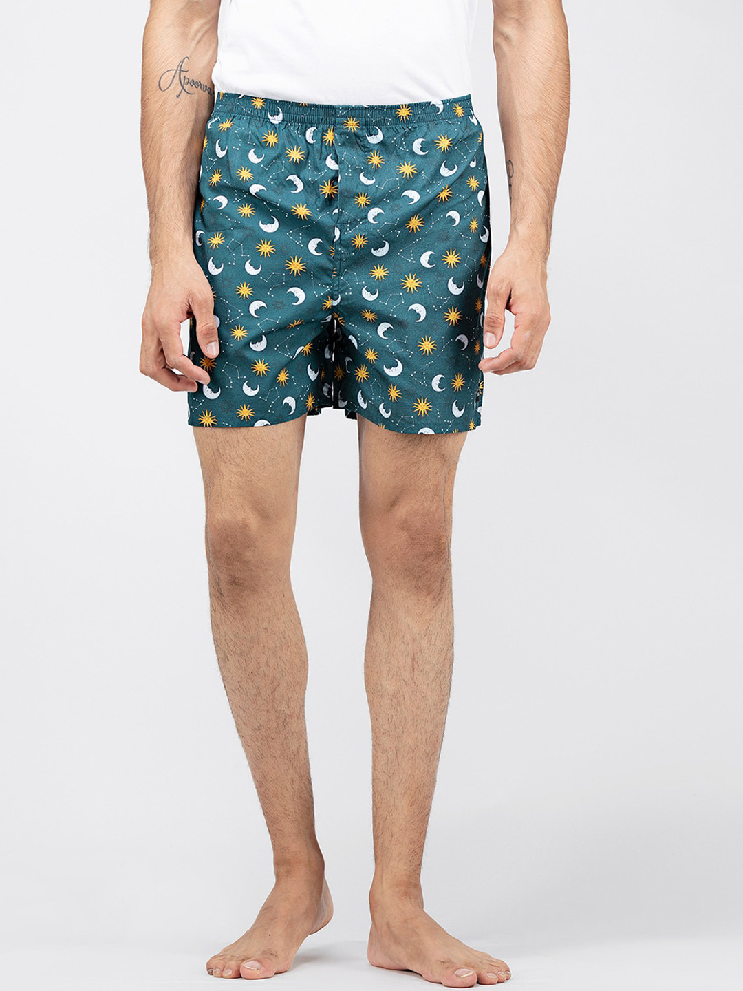 wHAT'S DOwn Men Green Galaxy Printed Pure Cotton Boxer Shorts