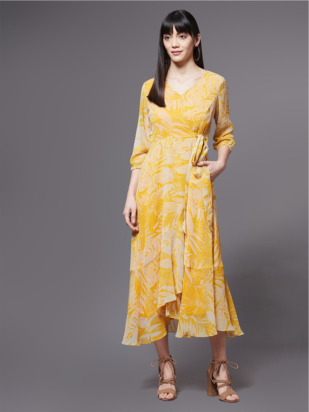 Miss Chase Women Yellow Floral Chiffon Midi Tie-up Dress