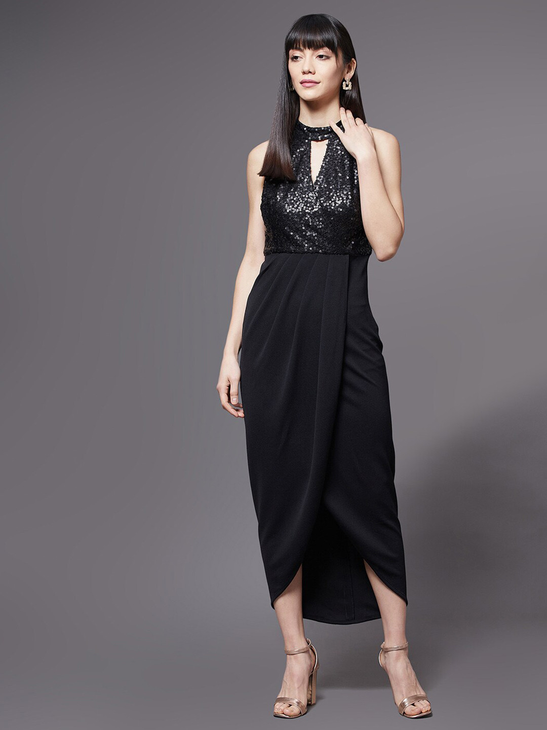 Miss Chase Women Keyhole Neck Sequined Party Maxi Wrap Dress