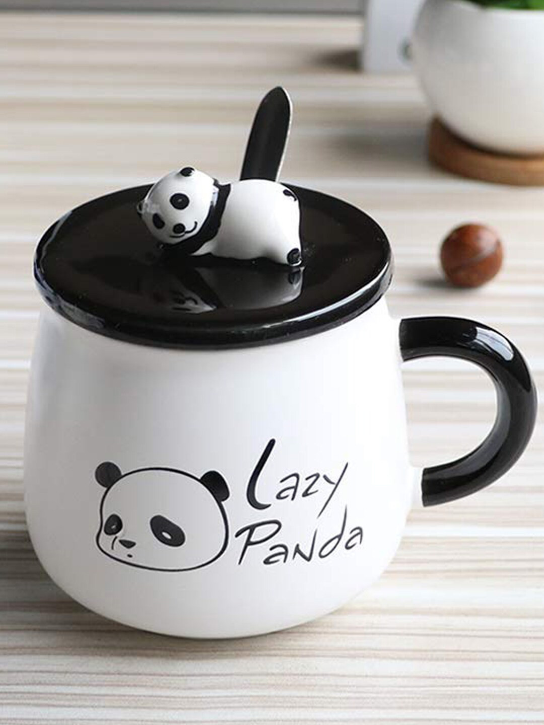 BonZeaL White Typography Ceramic Microwave Safe Mug with Lid and Spoon-300ml