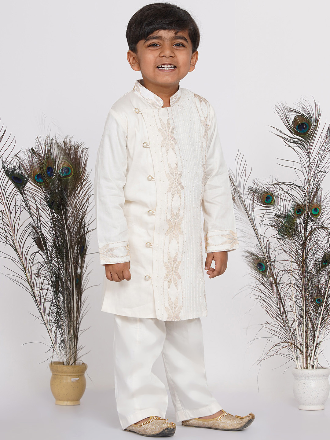 Little Bansi Boys Cream-Colored Embroidery Sherwani Set