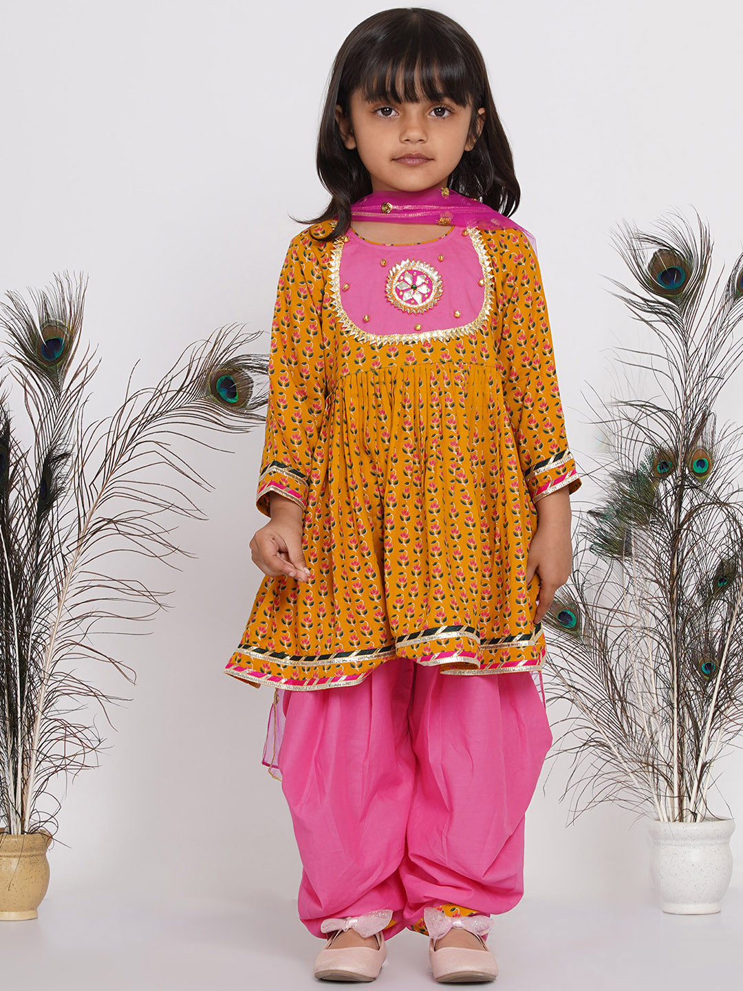 Little Bansi Girls Multi Colour Ethnic Motifs Printed Cotton Kurta Salwar With Dupatta