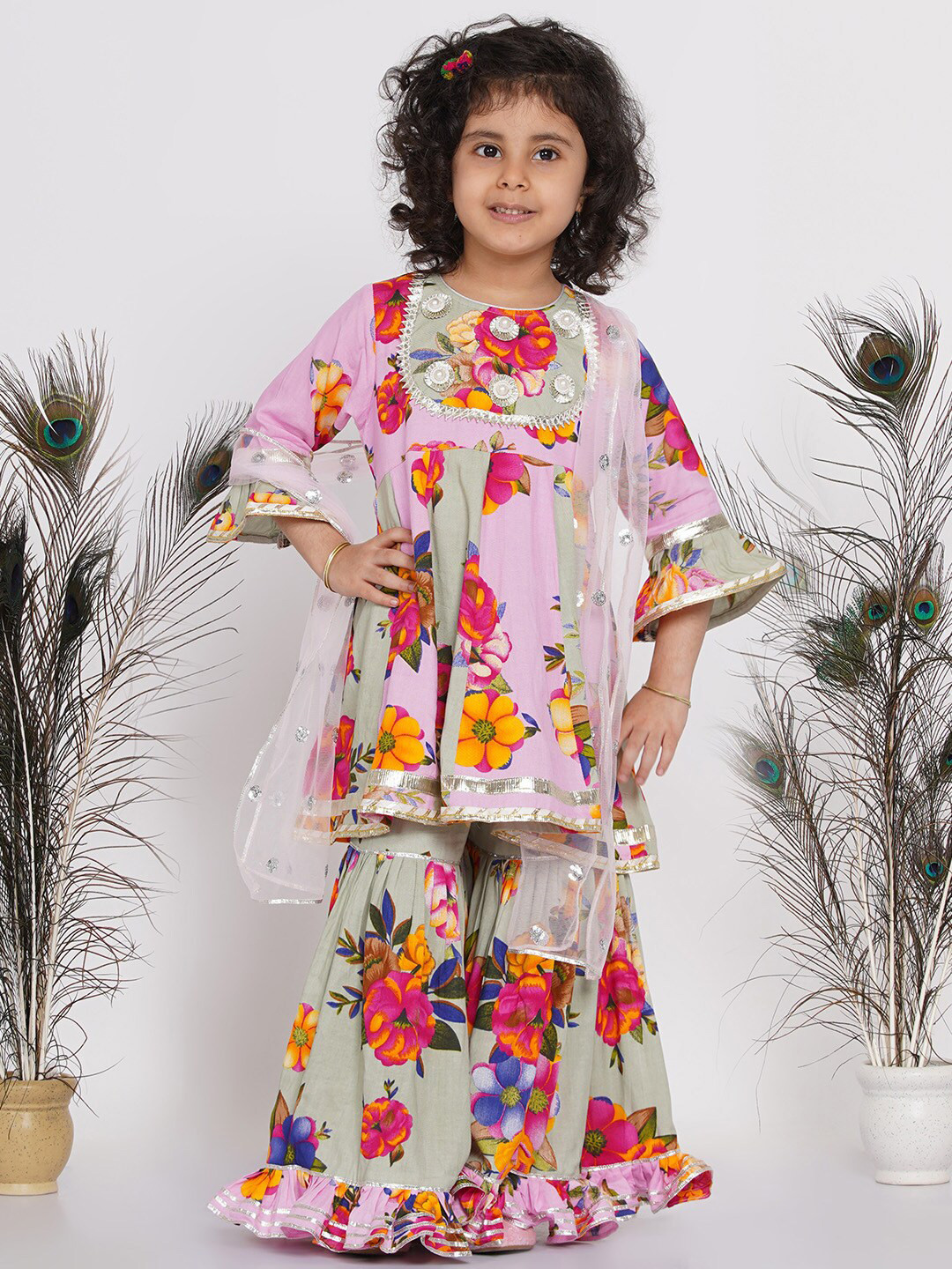 Little Bansi Girls Multicoloured Floral Printed Kurta with Sharara & With Dupatta