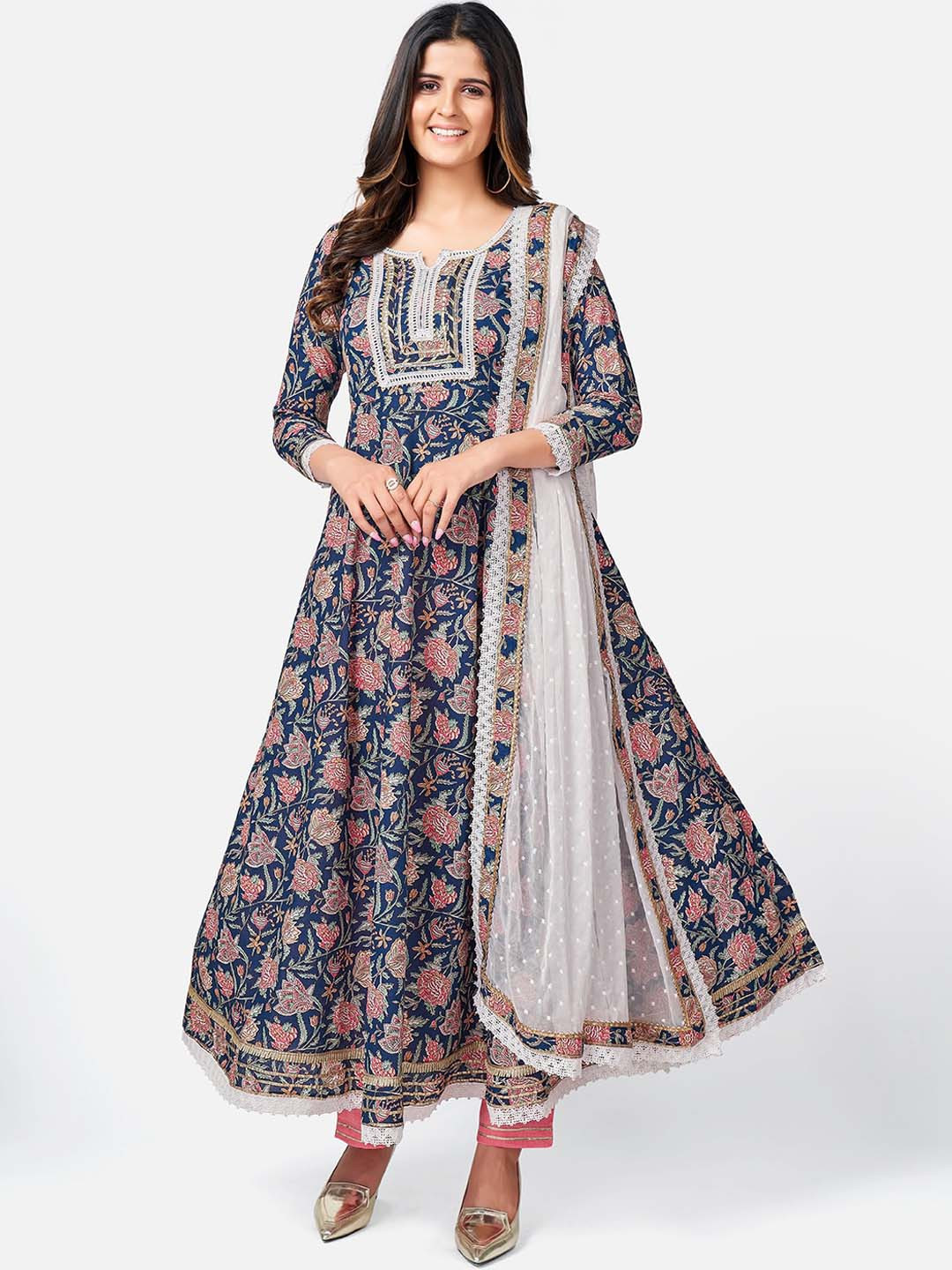 Vbuyz Women Blue & Pink Floral Printed Pure Cotton Kurta with Trousers & Dupatta