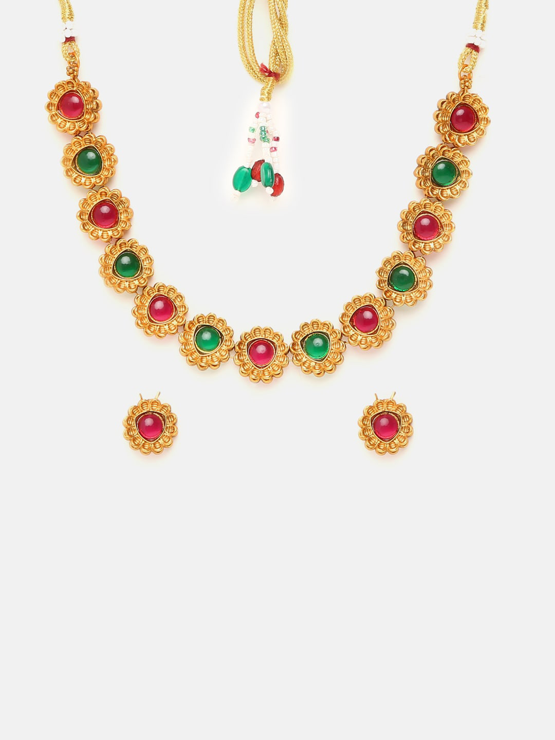 GRIHAM Gold-Plated Green & Red American Diamond Studded Jewellery Set