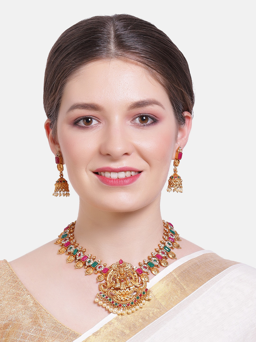 GRIHAM Women Gold-Plated Green & Red Stone-Studded & Beaded Jewellery Set