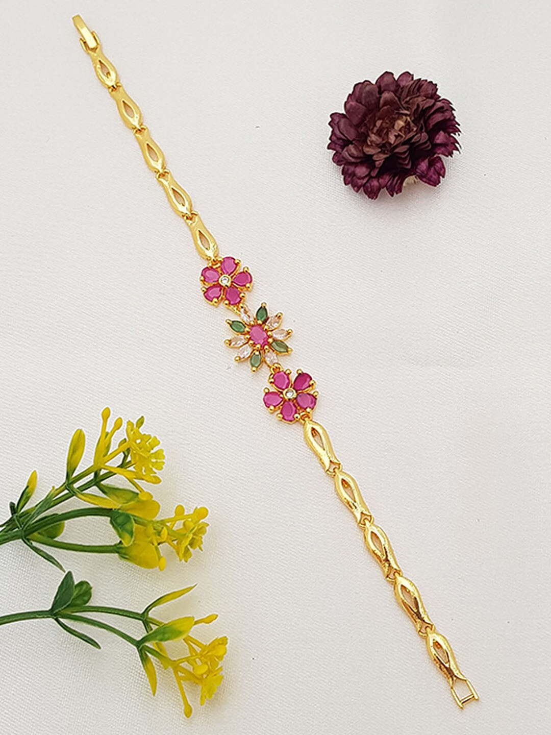 GRIIHAM Women Gold-Toned & Pink Brass American Diamond Gold-Plated Link Bracelet