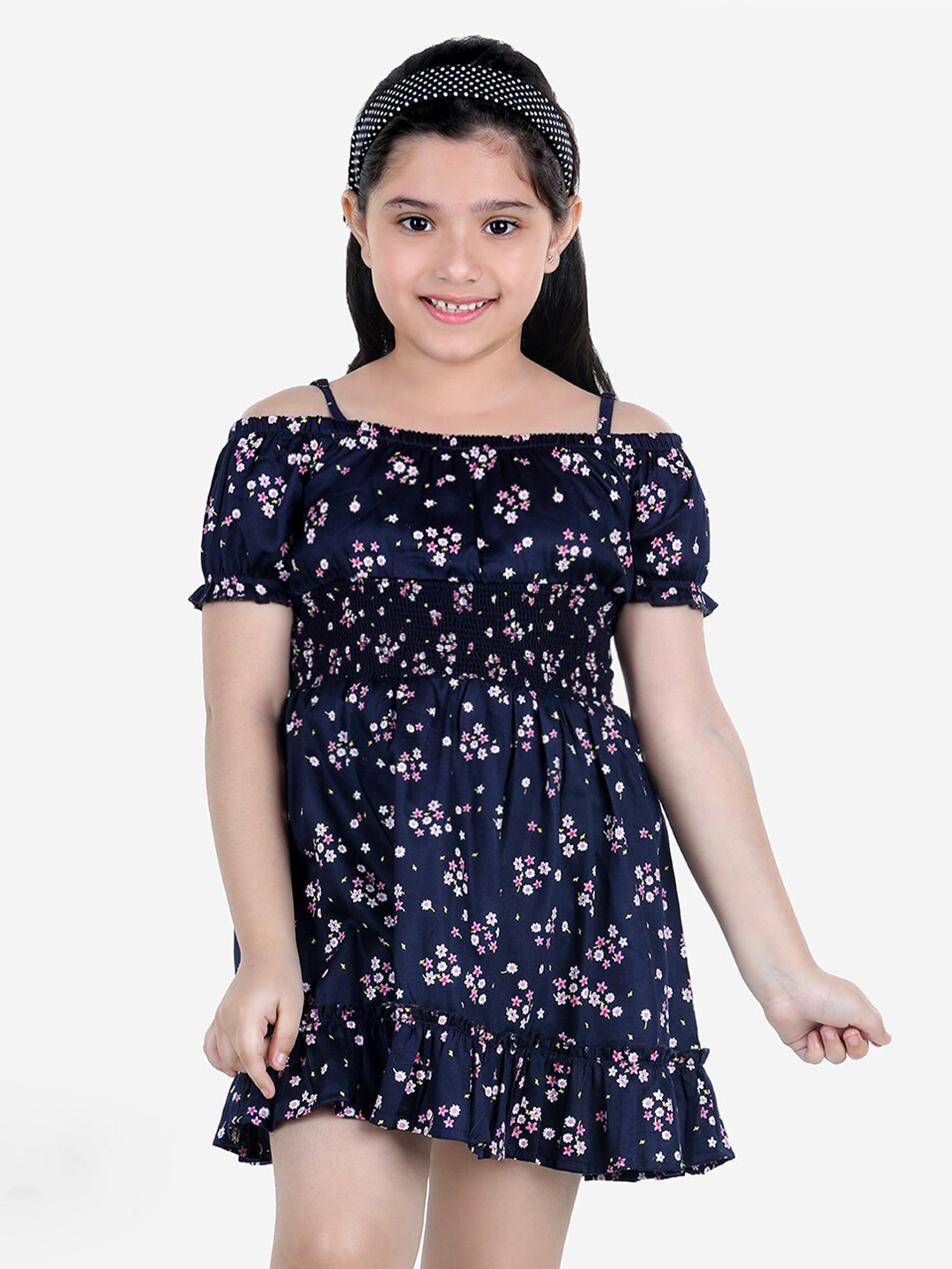 Naughty Ninos Navy Blue Floral Off-Shoulder Mini Dress