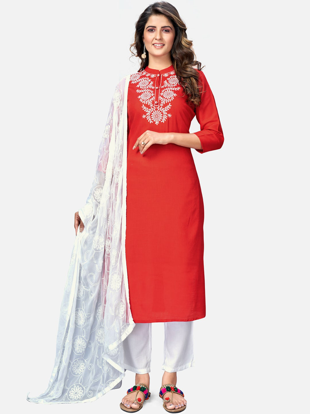 Vbuyz Women Red Floral Embroidered Thread Work Kurta with Trousers & With Dupatta