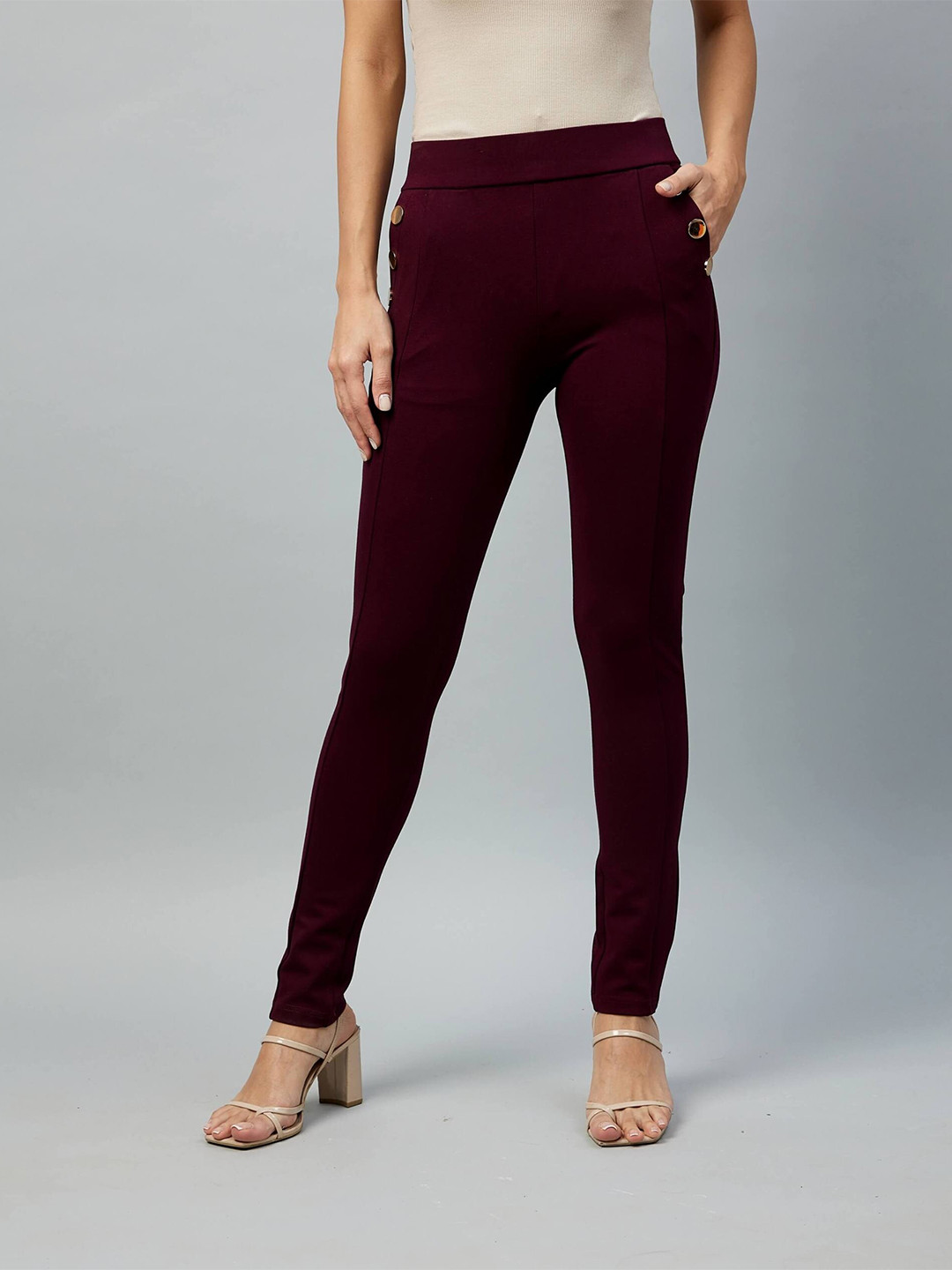 DELAN Women Maroon Solid Slim-Fit Treggings