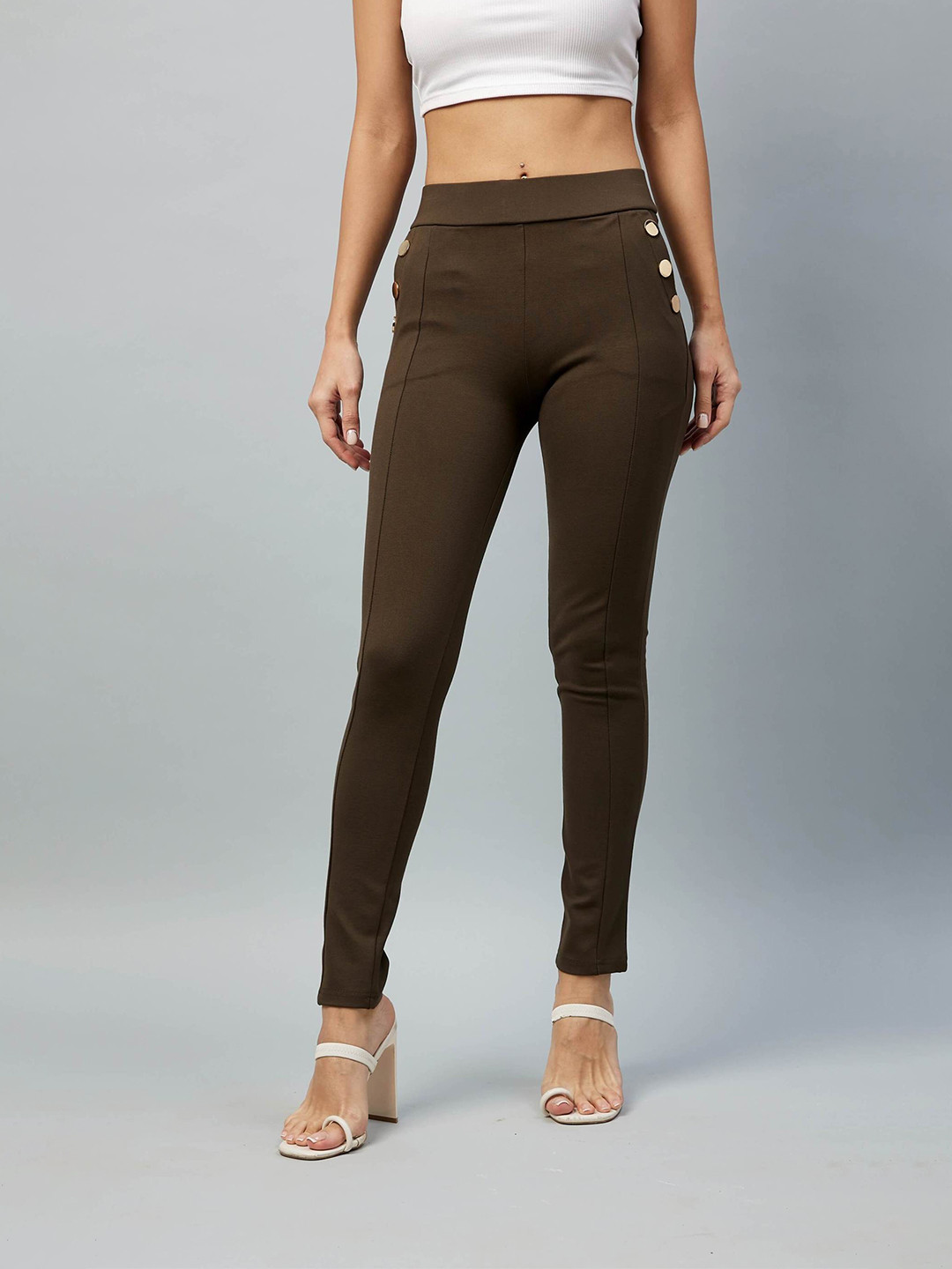 DELAN Women Olive-Brown Solid Slim Fit Treggings
