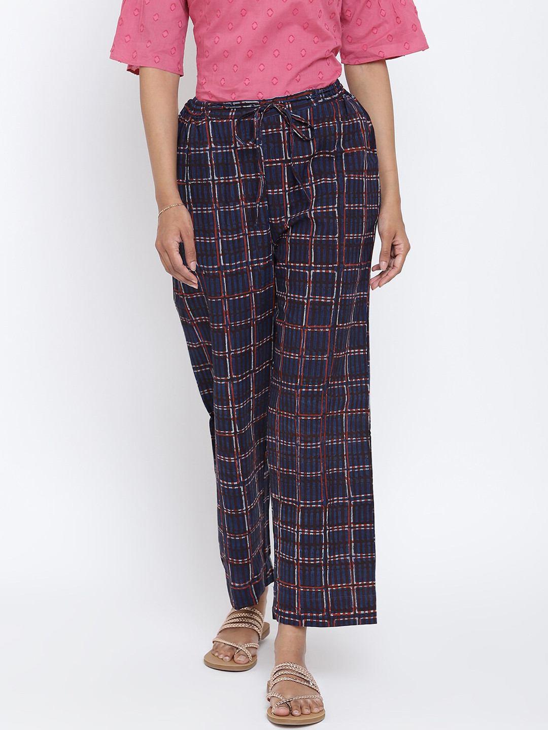 Fabindia Women Rust Checked Trousers