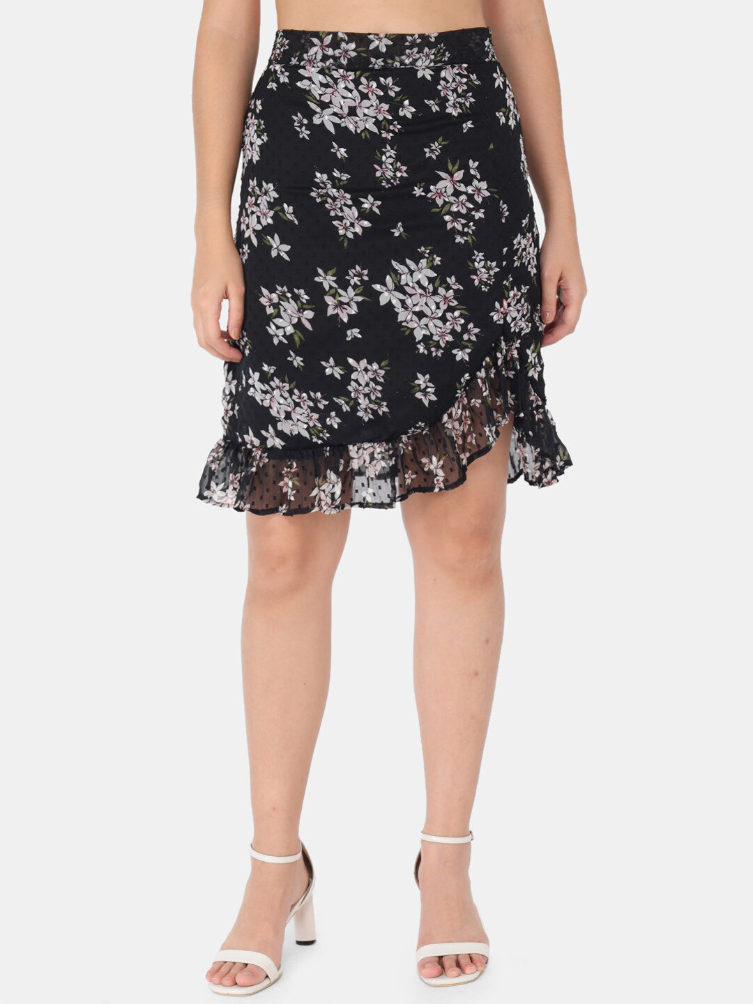 Trend Arrest Women Black & White  Printed A-Line Fill Skirt