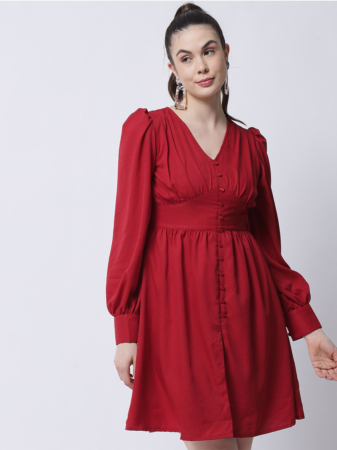 MARC LOUIS Maroon Puff Sleeves Fit & Flare Dress