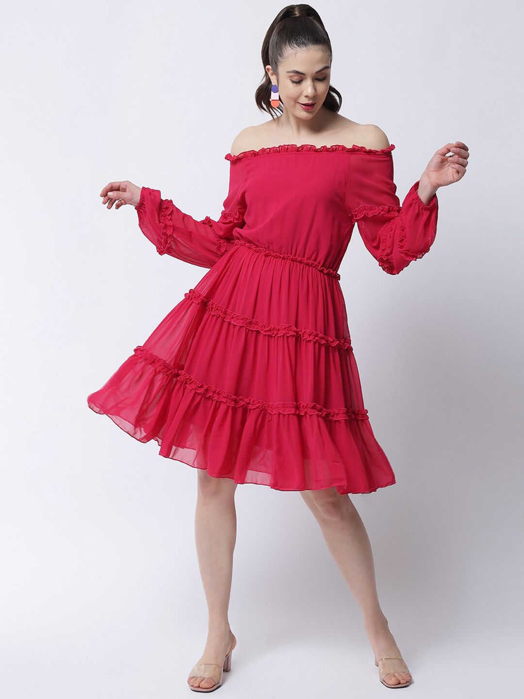 MARC LOUIS Fuchsia Off-Shoulder Crepe Tiered Dress