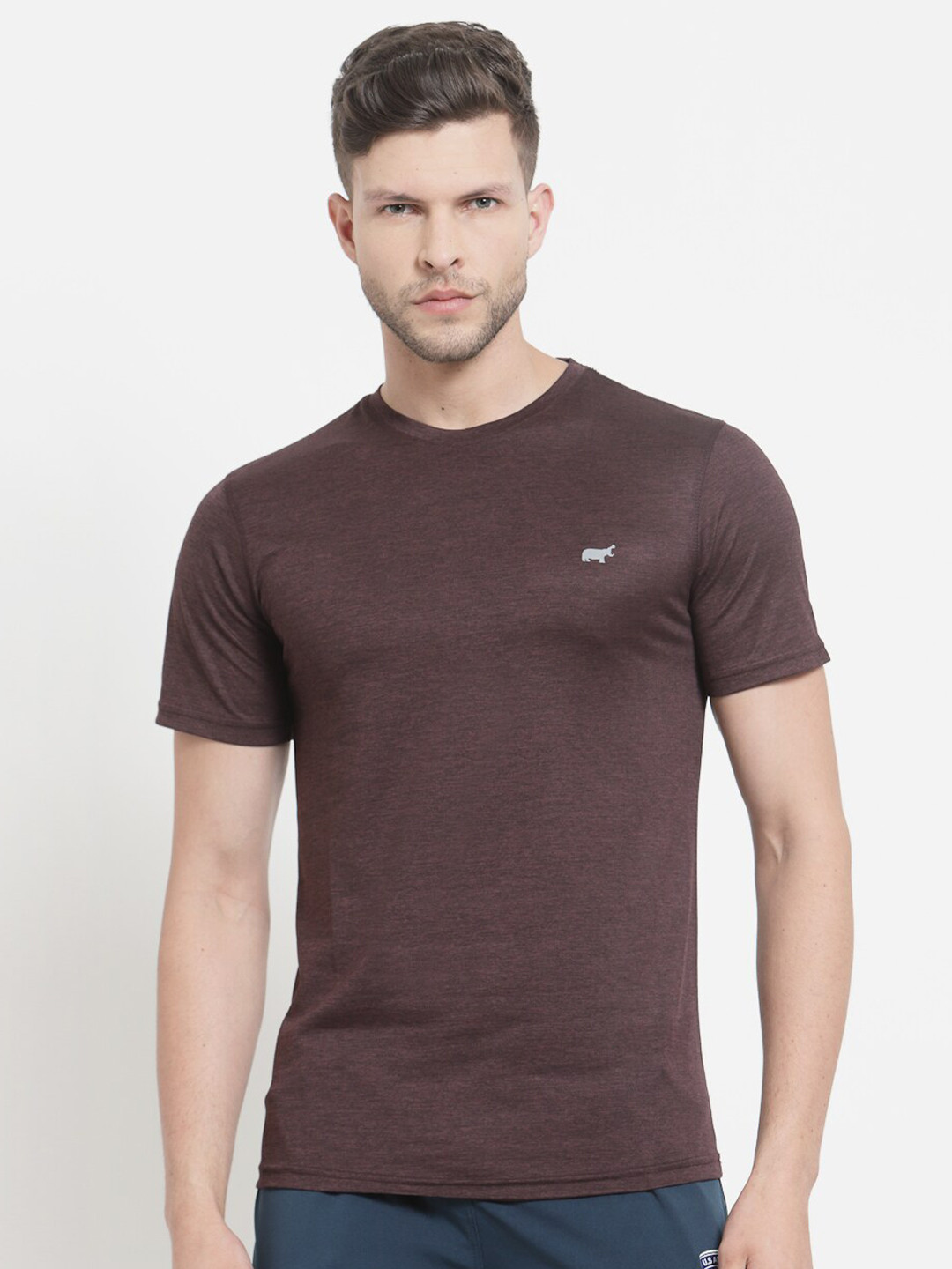 BRACLO Men Brown Solid dryCELL Slim Fit Training or Gym T-shirt