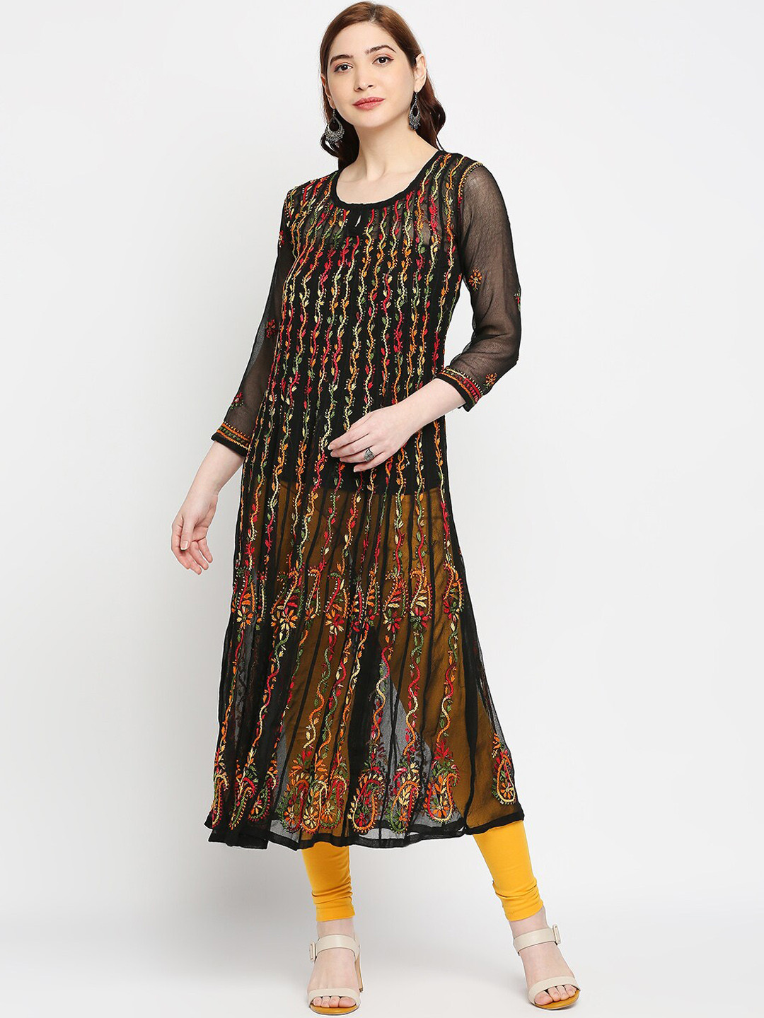 Indiankala4u Women Black & Yellow Hand  Embroidered Chikankari Georgette Anarkali Kurta