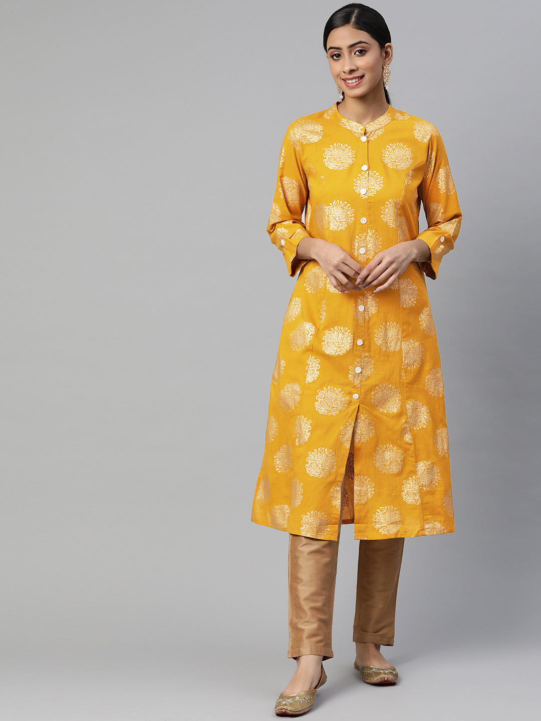 SVARCHI Women Yellow & Gold-Toned Ethnic Motifs Printed Kurta