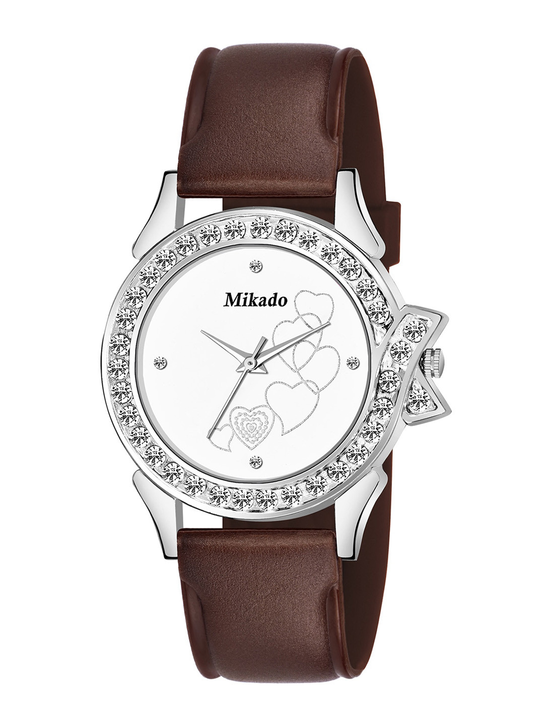 Mikado Women White Brass Embellished Dial & Brown Leather Straps Analogue Watch AA 1221
