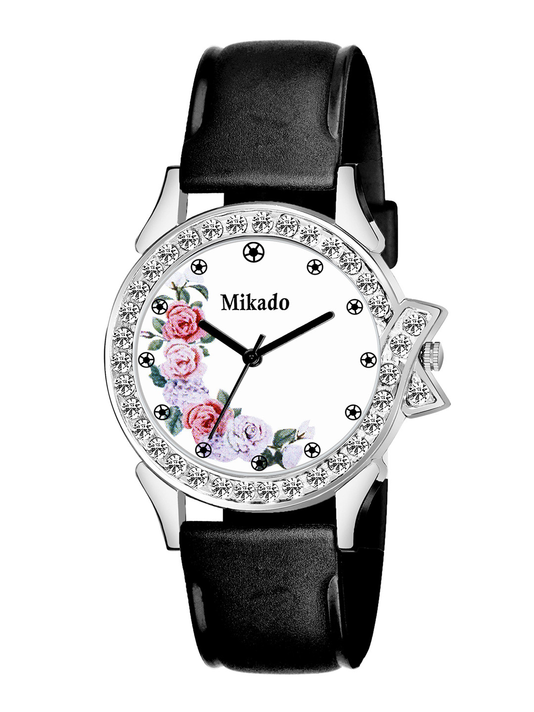 Mikado Women White Brass Printed Dial & Black Leather Straps Analogue Watch