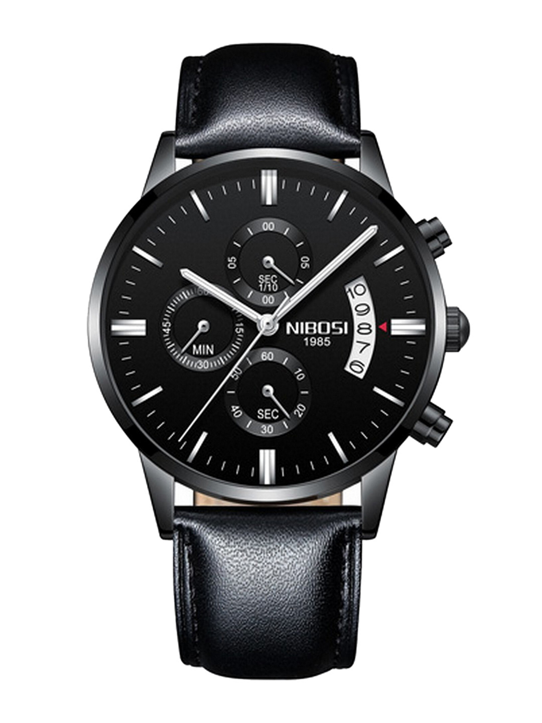 Nibosi Men Black Embellished Dial & Black Leather Straps Analogue Chronograph Watch NB-2309-L-Blk-Blk-Slvr-Black-Silver